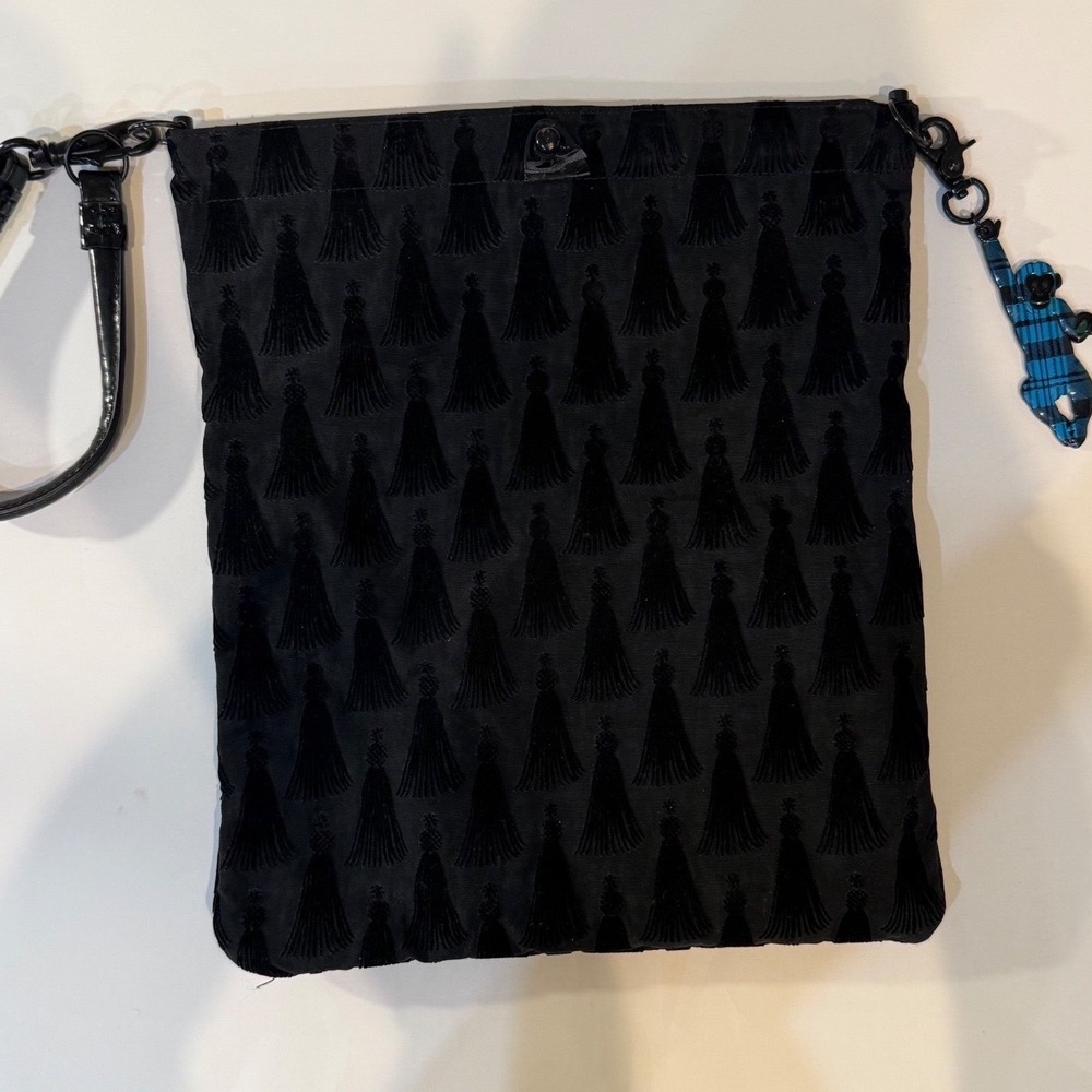 Y2K Kipling x Fergie Black Velvet Dress Print Zip Wristlet Pouch Plaid Charm Bag